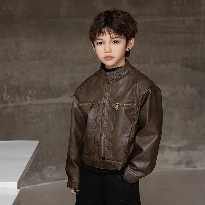 

2025 Autumn New Coat Boy Ruffian Handsome American Retro Leather Jacket Locomotive Suit Leather Jacket