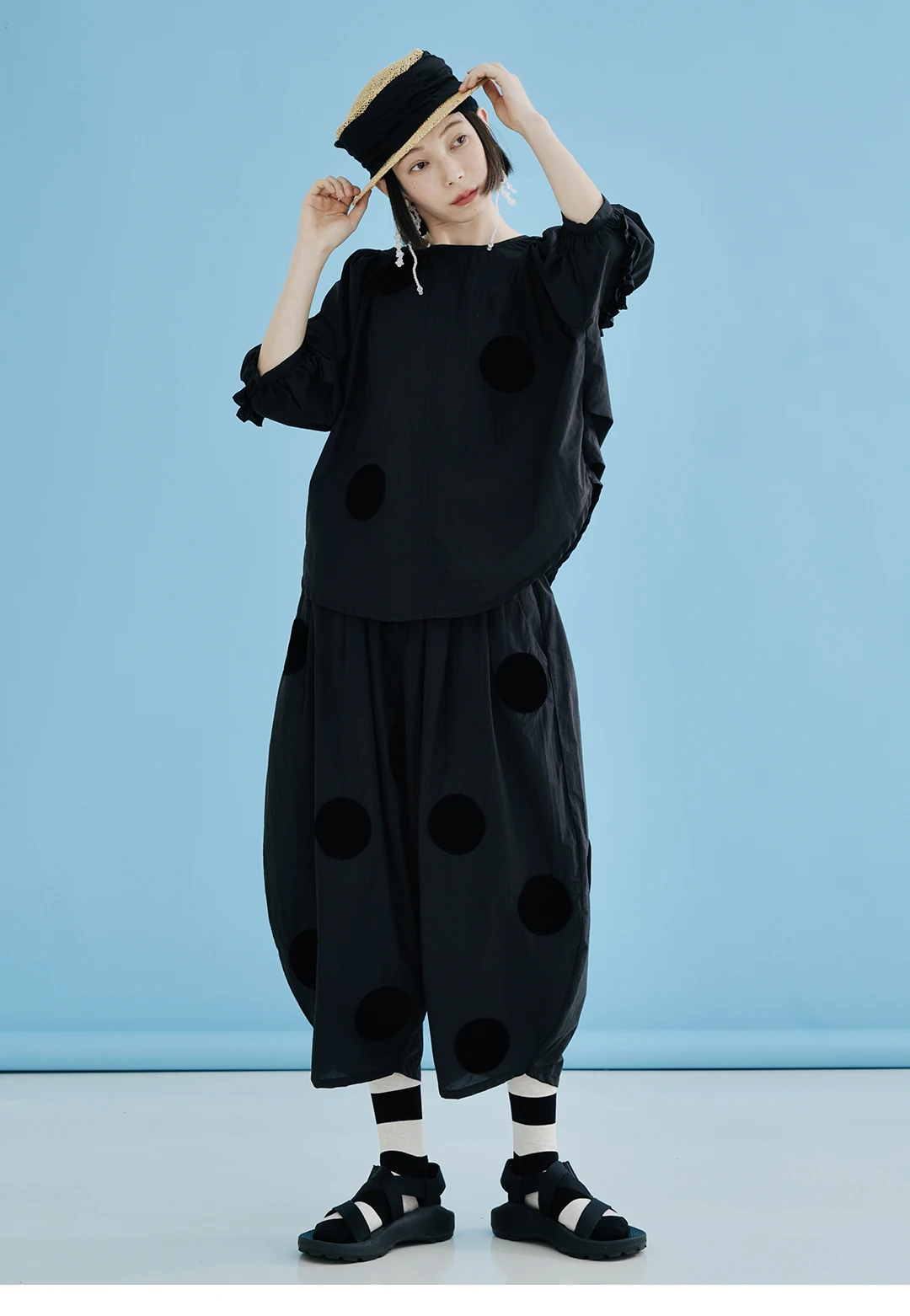 IMAKOKONI original design black polka dot thin style wide leg pants summer casual loose women's pants nine points pants