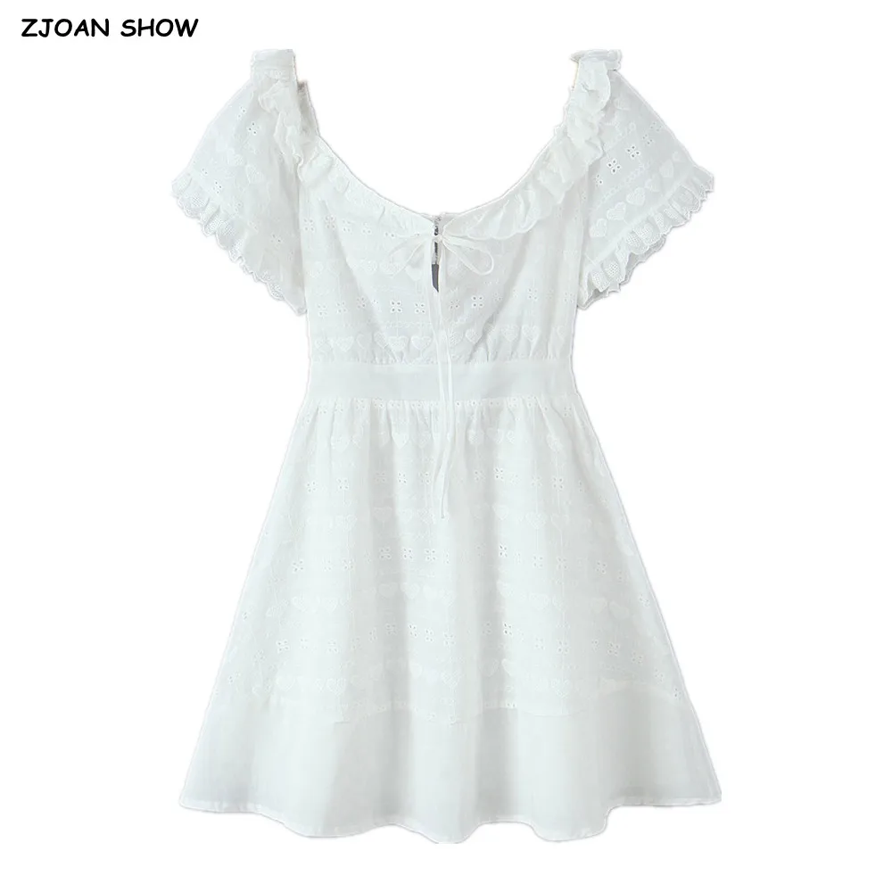 2025 ホワイト刺繍中空アウト穴木耳 O ネックパフスリーブショートドレス女性カットアウト背中の開いたミニドレス夏のローブ