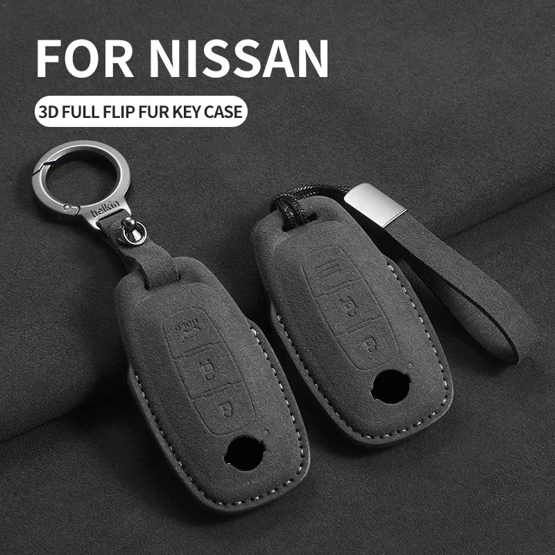 Car Smart Remote Key Shell for Nissan X-trail T33 Qashqai J12 Teana Altima Ariya Suede Key Case Cover Holder Keychain Keyring