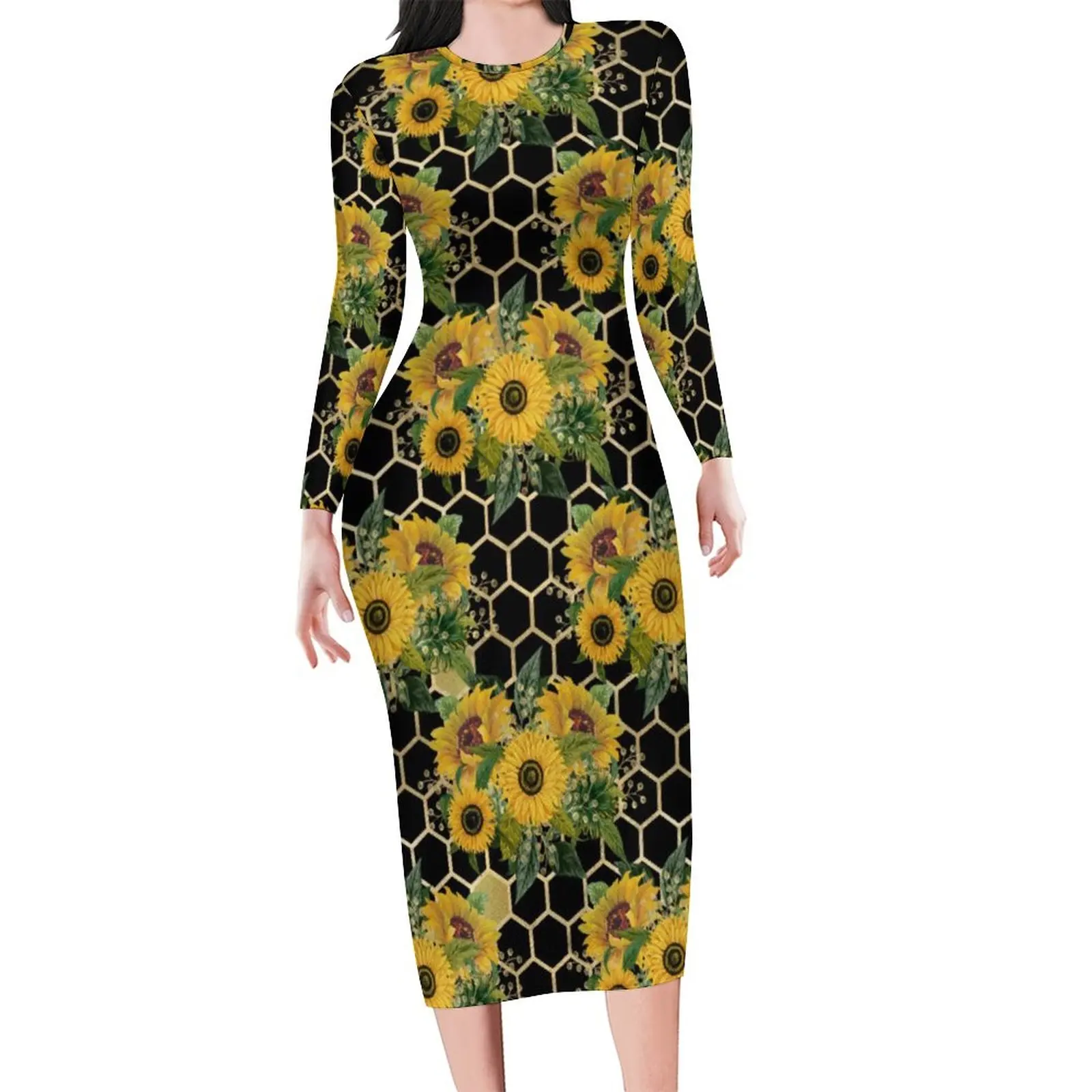 Sunflower Bouquet Dress Women Honeycomb Print Streetwear Bodycon Dress Autumn Long Sleeve Elegant Dresses Big Size Vestidos