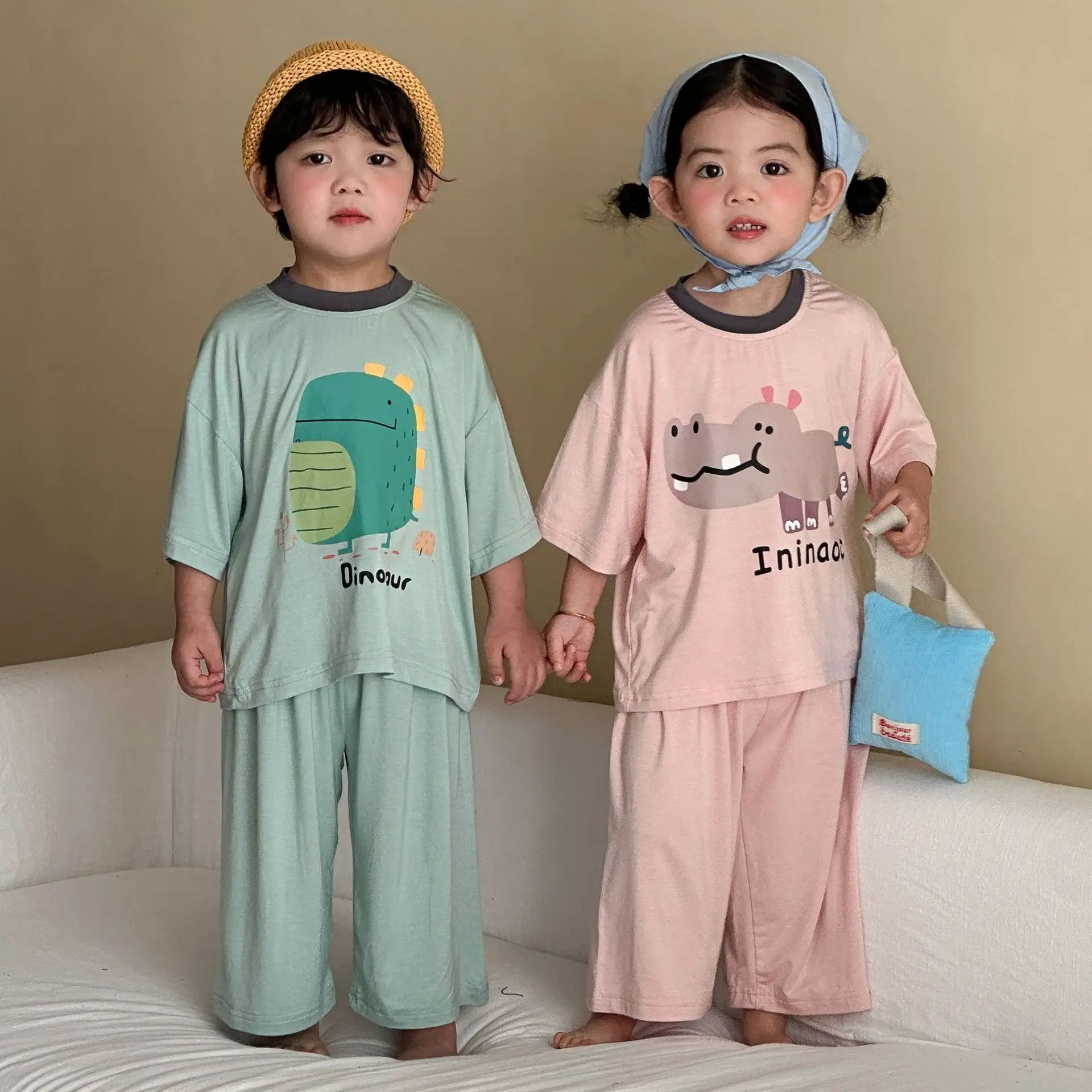 Ropa de casa de verano para niños de 1 a 8 años, 2 uds., camiseta y pantalones largos para niños, conjunto de pijama con estampado de animales para niñas, ropa de dormir para niños