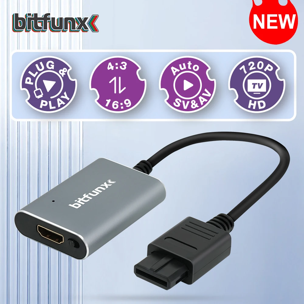 Bitfunx 720P HDMI-compatible Adapter S-video SV/AV HDTV Converter For NTSC PAL N64 SNES SFC NGC Game Console Aspect Ratio Switch