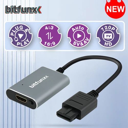 Imagen 1 del producto Bitfunx-Adaptador compatible con HDMI, 720P, convertidor s-video SV/AV HDTV para NTSC PAL N64 SNES SFC NGC, consola de juegos, interruptor de relación de aspecto