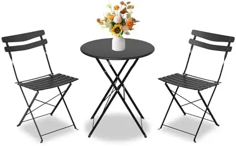 3-Piece Bistro Set – Steel Frame Space-Saving Folding Patio Furniture with 2 Chairs & Bistro Table, for Outdoor Patio