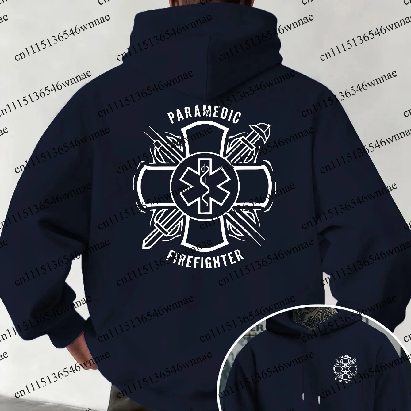 Men Women EMT Fire Rescue Symbol Graphic Two‑Sided Hoodie Paramedic Firefighter Pride Oversized Streetwear Pullover