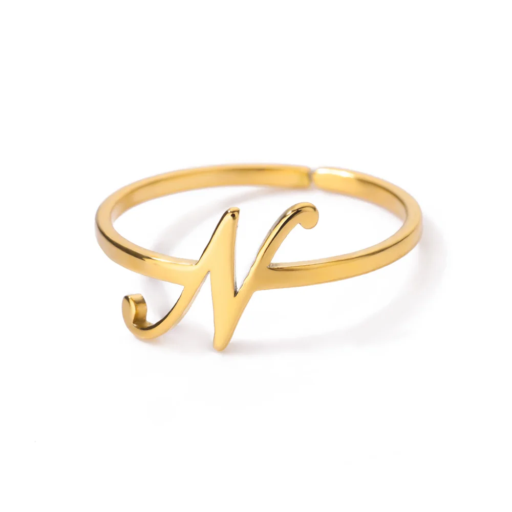 Initial Letter Rings for Women, Gold Color Adjustable A-Z Ring