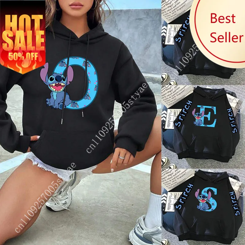

2026 Women's Winter Jacket Cute Kawaii Disney Lilo & Stitch Lucky Letter Print Black Hoodie Fashion Couple Streetwear Sportswear