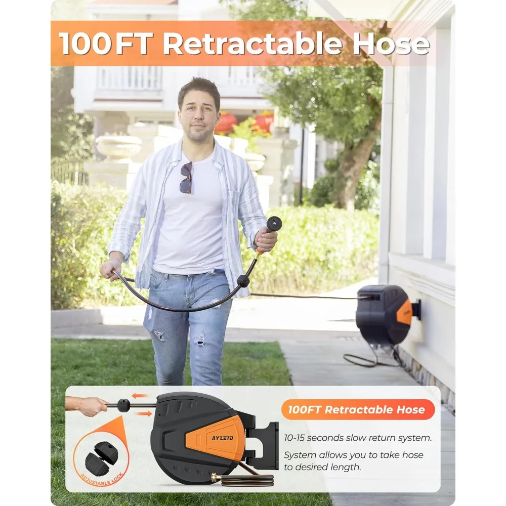 بكرة خرطوم حديقة قابلة للسحب مثبتة على الحائط 5/8 بوصة × 100 قدم مع 9 وظائف فوهة رش أي طول قفل نظام إرجاع بطيء