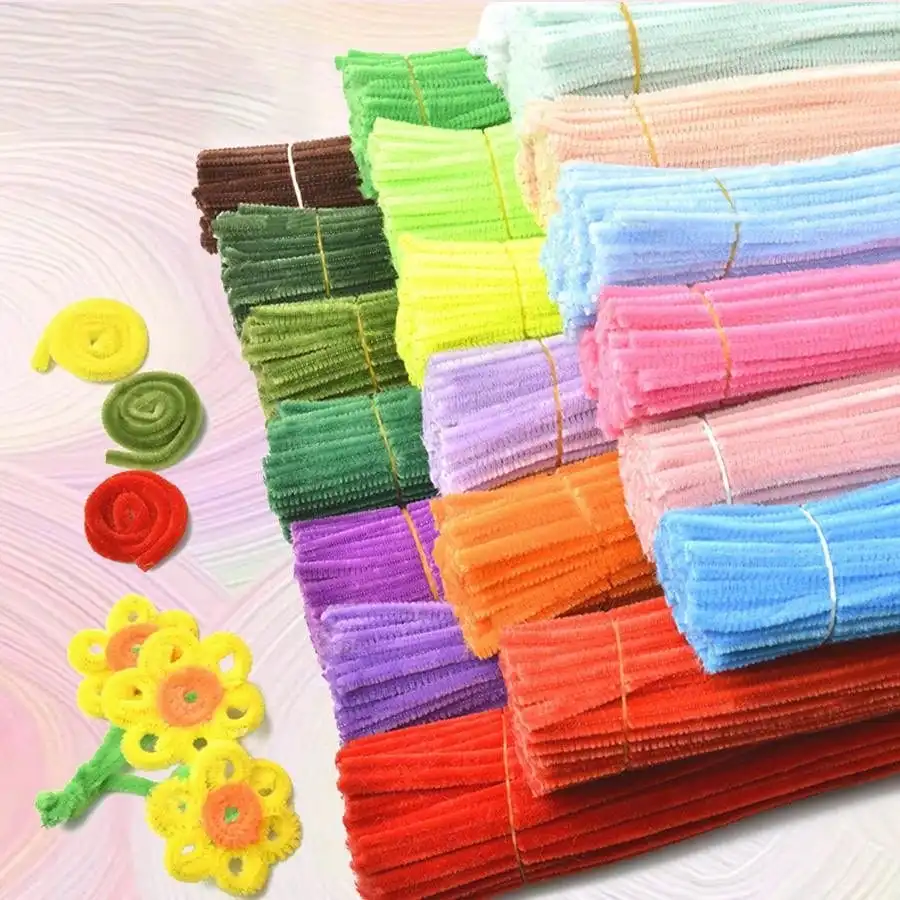 100 Pcs Colorful Chenille Stems Pipe Cleaners Plush Tinsel Stem Wired Sticks Twist Stick Hair Strip DIY Craft Educational Toys