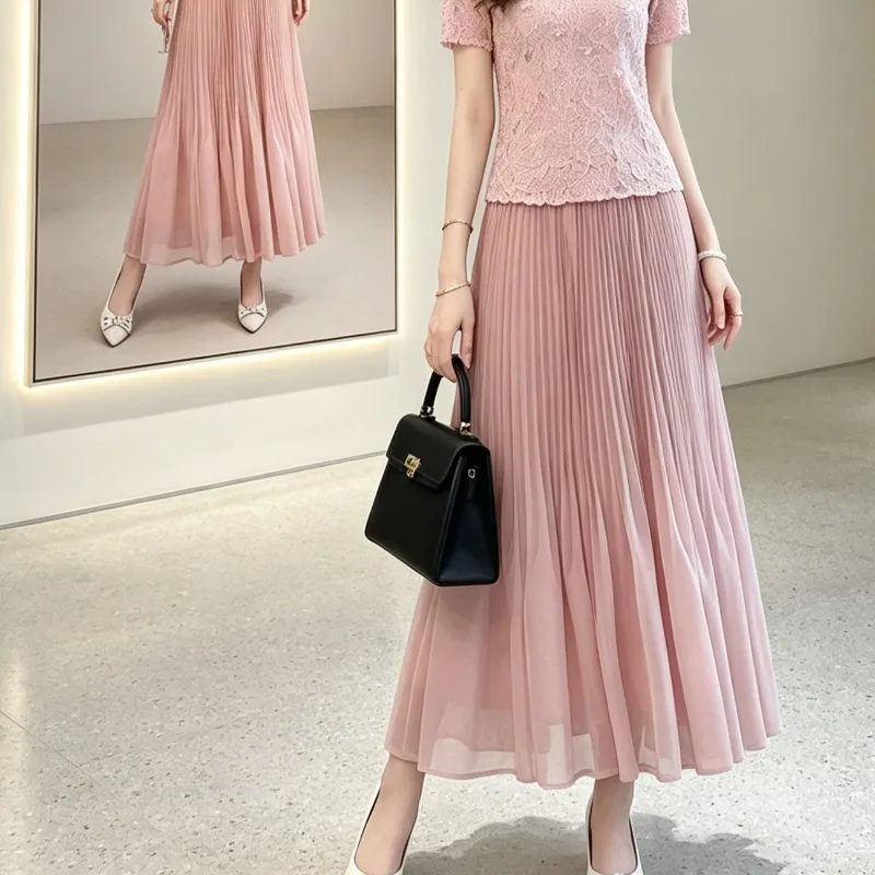 Miyake Pleated Fashionable A-Line Skirt for Women with Pear-Shaped Body Hip-Covering High-Waist Chiffon Mid-Length Pleated Skirt