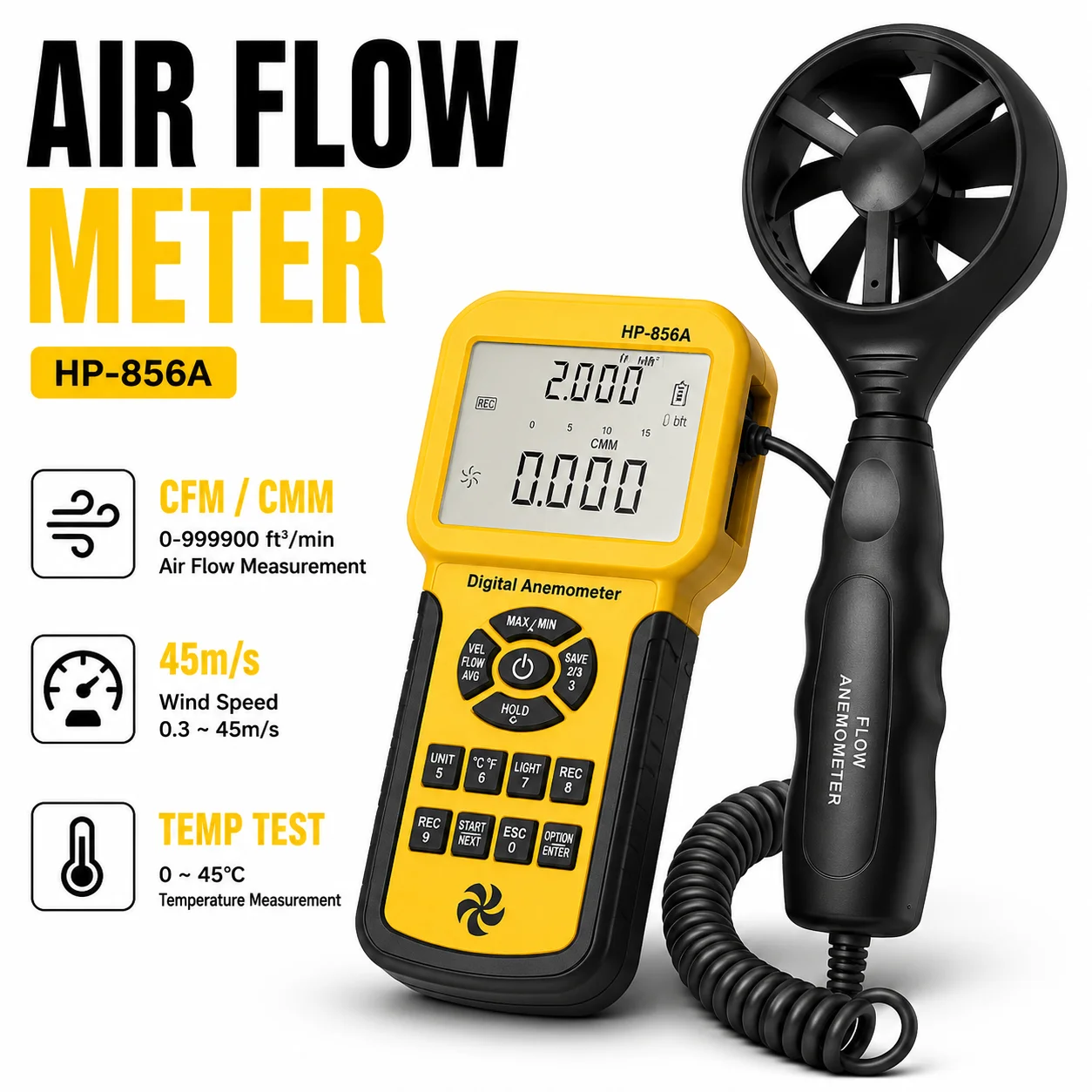 

CFM Anemometer Handheld, HVAC Air Flow Meter 0.3-45m/s Professional BT-856A Digital Wind Gauges, with USB Interface Connect