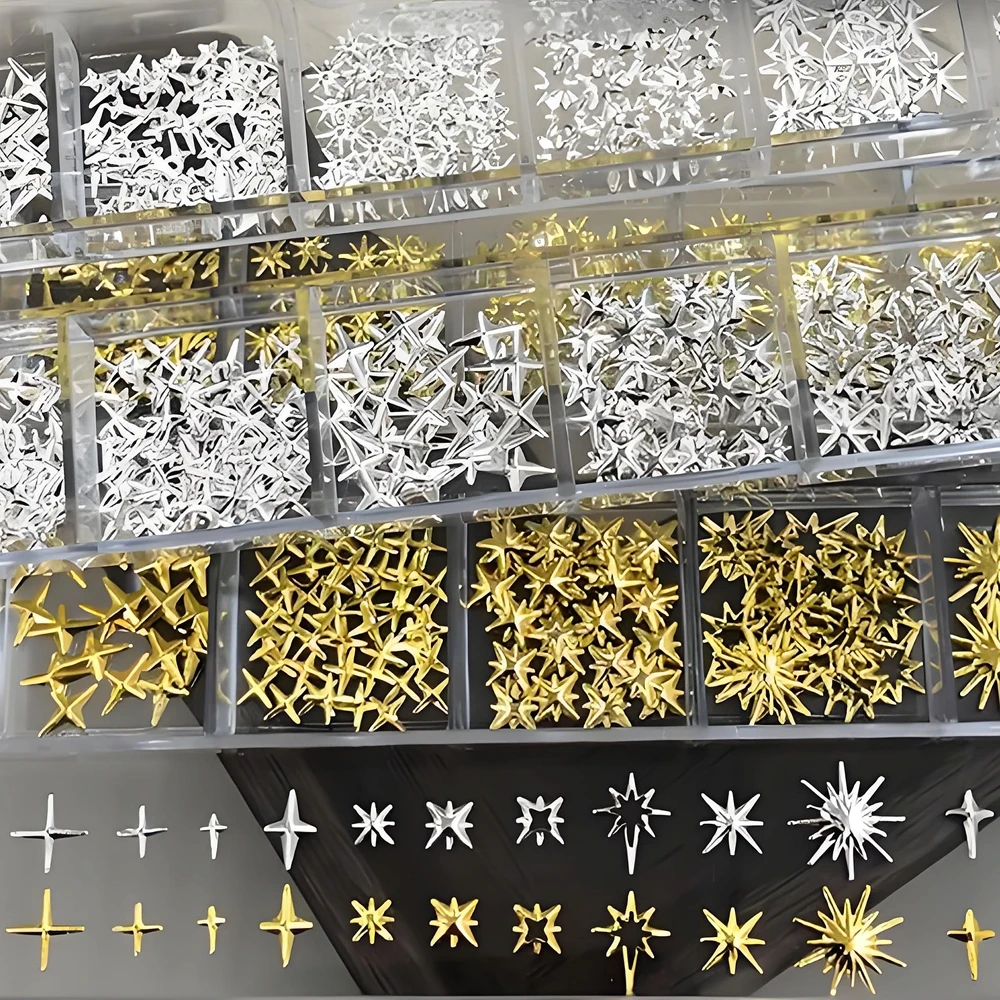 

12Grids/Box Mixed Design 3D Metal Starlight Nail Art Charms Parts Stars Rivet Accessories For Nails Decoration Manicure Supplies