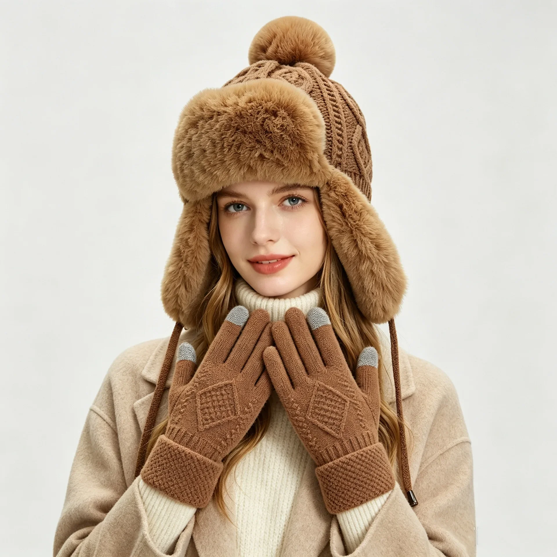 Women Plush Thickened Ear Flap Hat and Gloves 2 Piece Set Winter Warm Cycling Wind Snow Hat