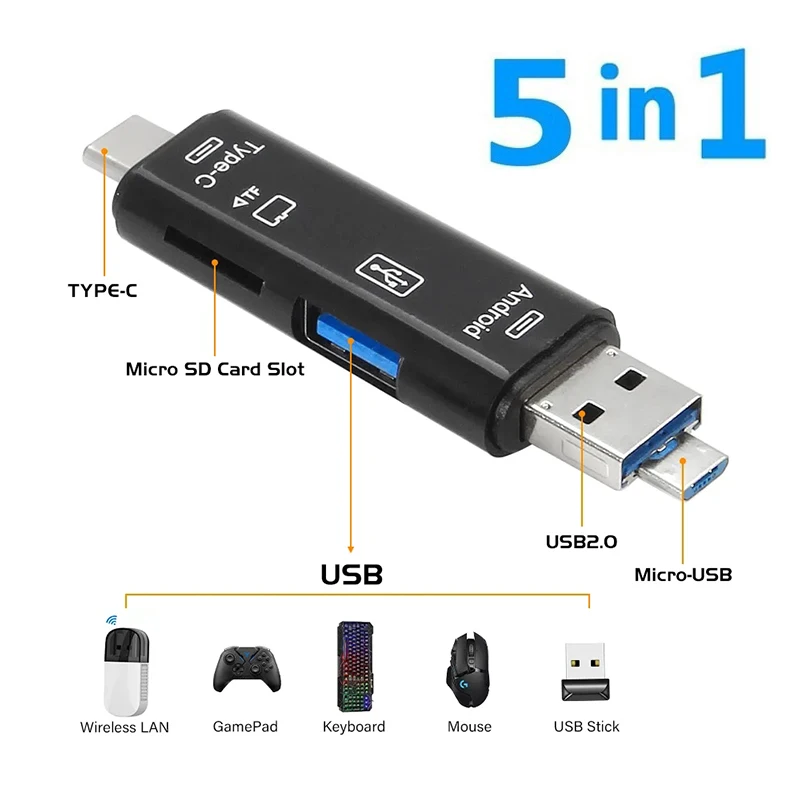 5-in-1 Multifunction USB 2.0 TYPE-C/Usb /Micro/USB/TF/SD Memory Card Reader OTG USB Card Reader Adapter Mobile Phone Accessories