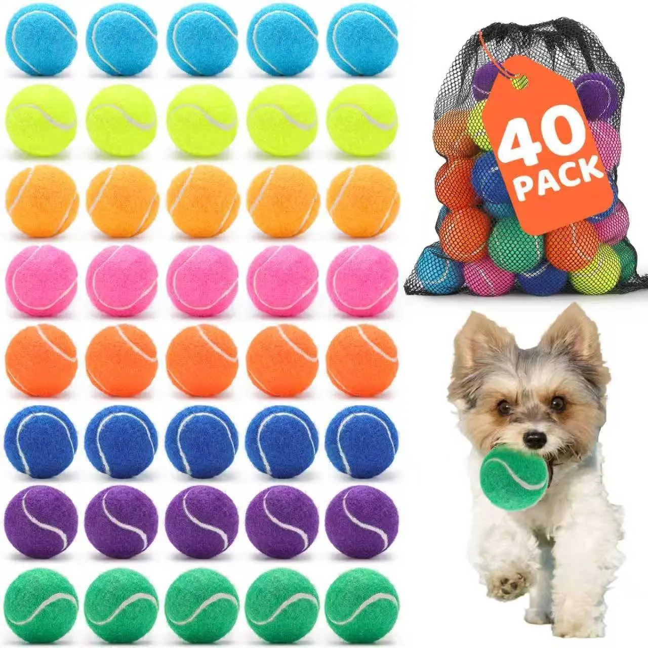 

Набор из 40 теннисных мячей для собак, 2 дюйма, безопасный, неабразивный войлок, оптовый комплект с сетчатым мешком для удобной транспортировки