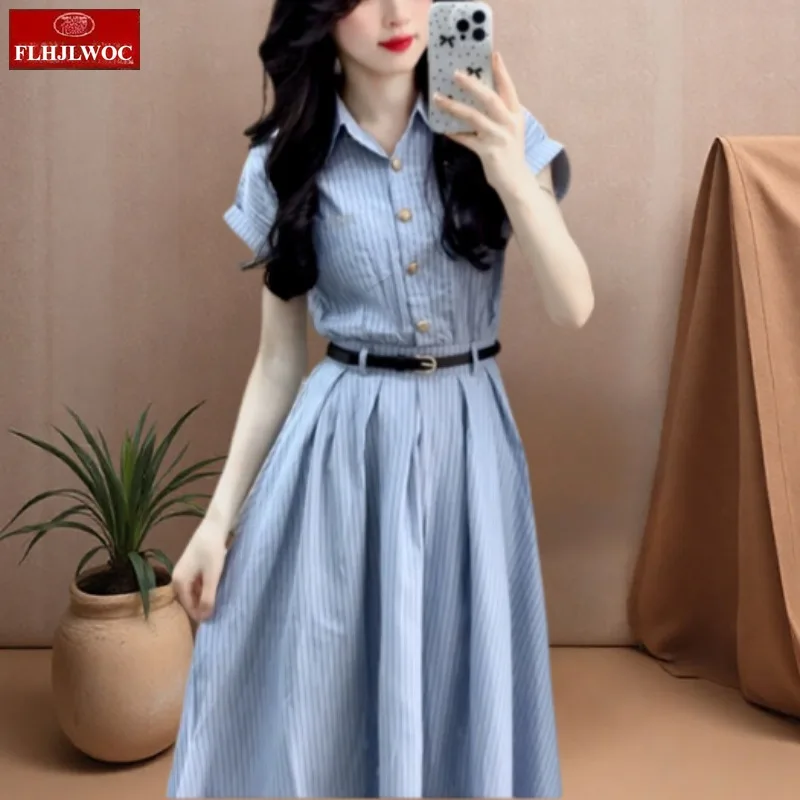 Blue Striped Shirt Dresses New Design Y2K Sweet Girls Women Summer Short Sleeve Preppy Style Retro Vintage Long Dress With Belt