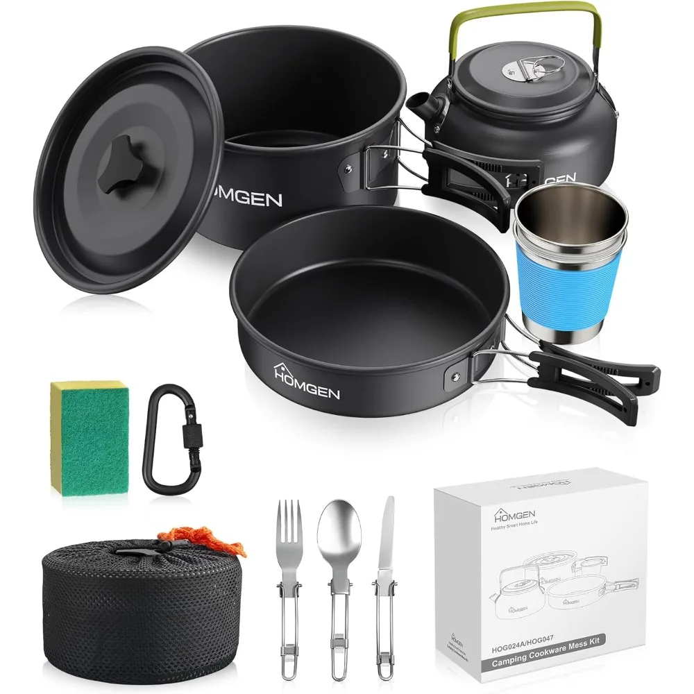 طقم أواني طهي للتخييم من الألومنيوم المؤكسد خفيف الوزن مكون من 12 قطعة من هومجن لشخصين - وعاء/مقلاة مع مقابض قابلة للطي 800 مل
