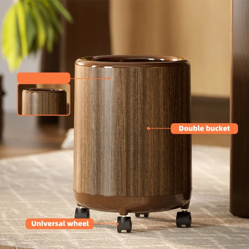 12L Household Living Room High-Value Garbage Bin, Imitation Wood Grain Storage Bin, Kitchen Lid And Wheel Movable Paper Basket