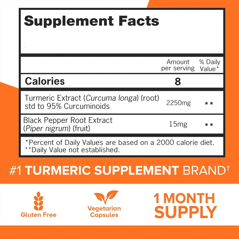 Extrait de curcuma contenant 2250 de curcumine, améliore l'absorption, supplément de soutien articulaire, 60 capsules végétariennes, 95% milligrammes