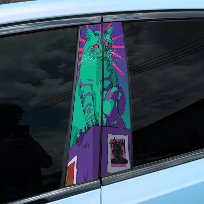 

1pc/2pcs Green Cat Car B-pillar Stickers Waterproof Auto Center Pillar Sunscreen Vinyl Decals Cover Scratch Funny Kitten Decor