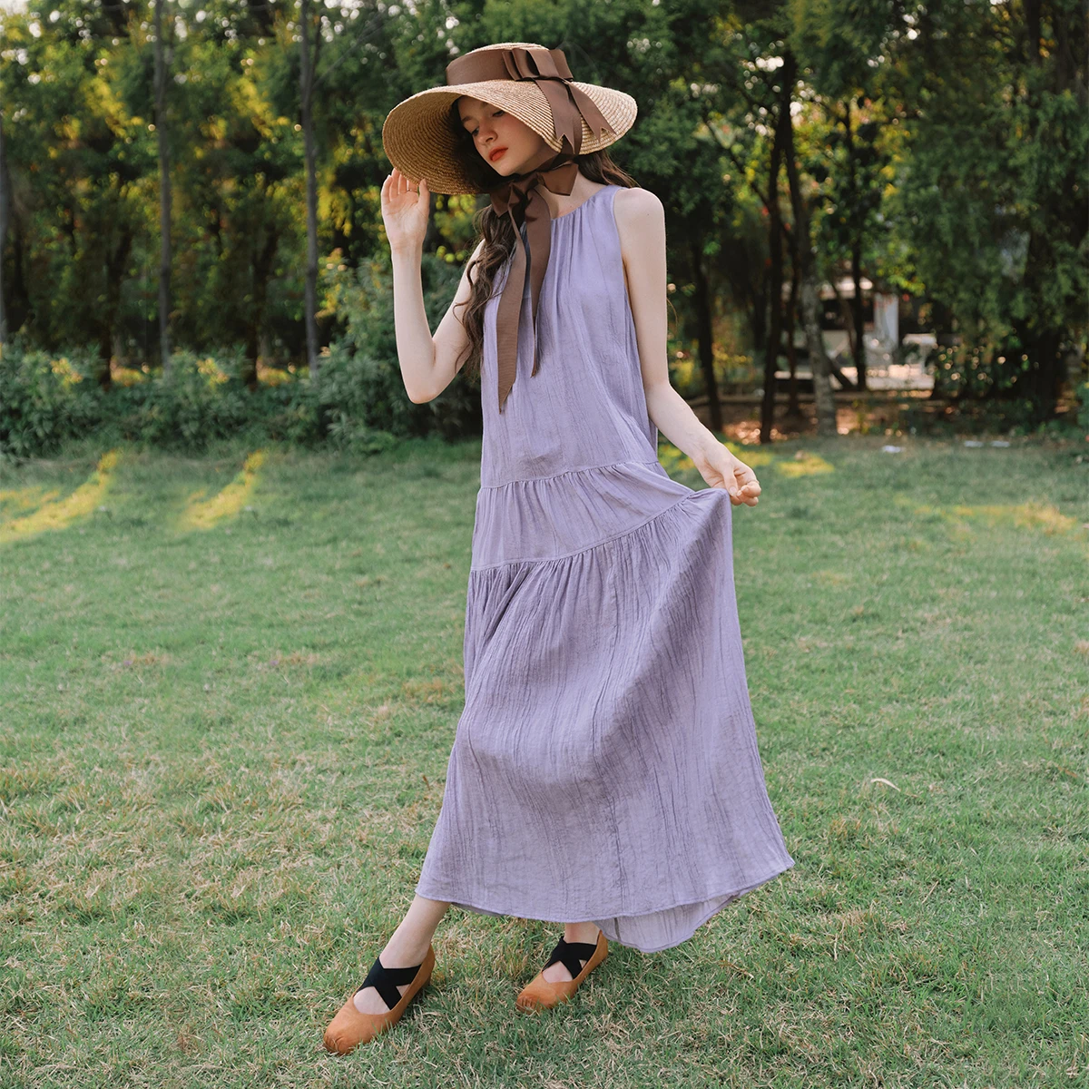 OLrain الصيف الأرجواني فستان عطلة طويلة 2025 بلا أكمام فضفاضة تعادل الظهر عطلة موضة فستان فلوي ملابس امرأة O57XL99228 #2