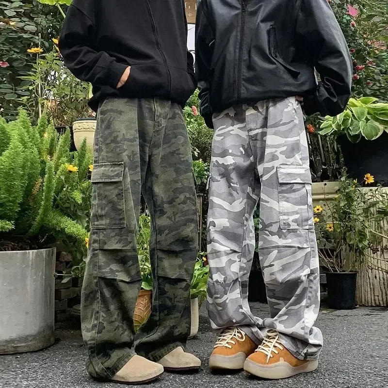 

American Vintage Camouflage Cargo Jeans Men Cotton Pleat Multi-pockets Trousers Man Casual Loose Denim Pants Male Streetwear