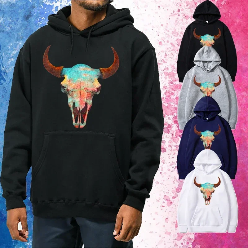 

2024 Men's Skull and Bull Head Print Hoodie Sports Daily Casual Men Autumn and Winter Tops Man Harajuku Large Hooded Hoodies