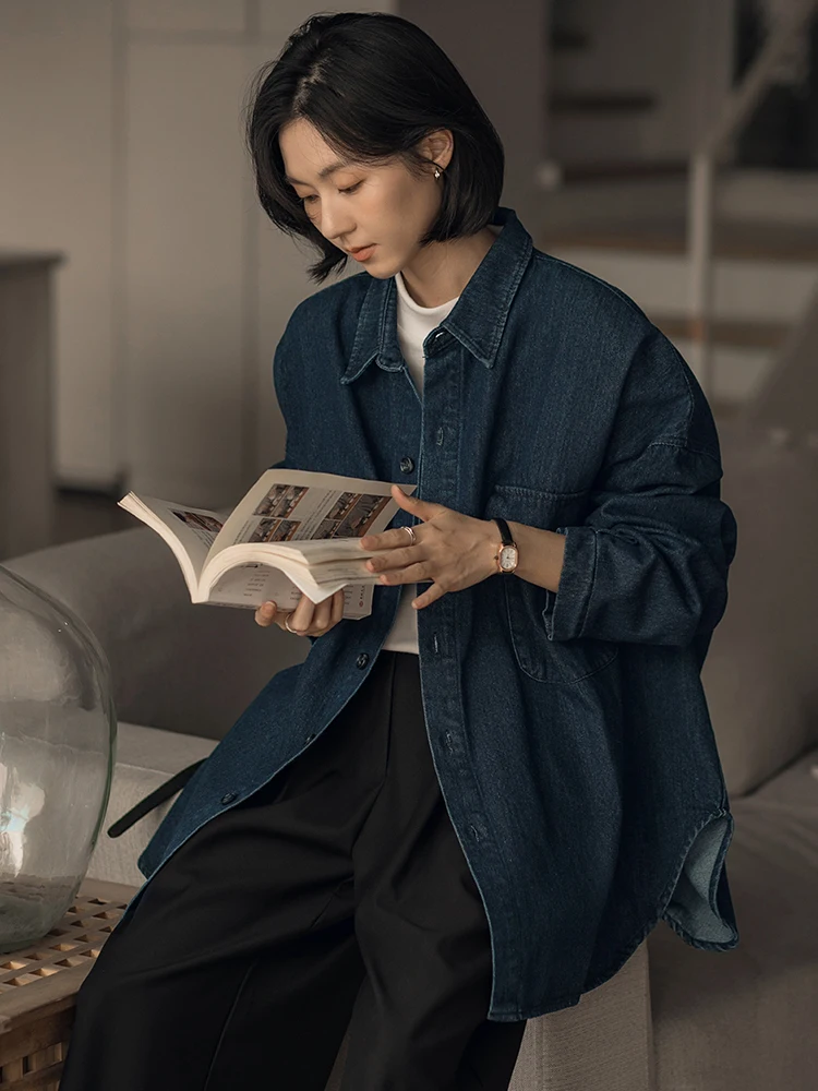 

Loose Korean Sle Women's Denim Jaet Casual Leisure Turn-down Collar Cotton Polyester Blend Long Sve Mid-length Coat