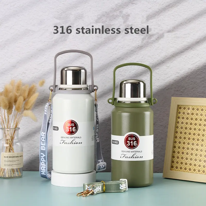 1.2L Large Capacity Thermos Bottle Thermal Water Bottle 316 Stainless Steel Vaccum Cup Insulated Tumbler Portable With Rope Gym