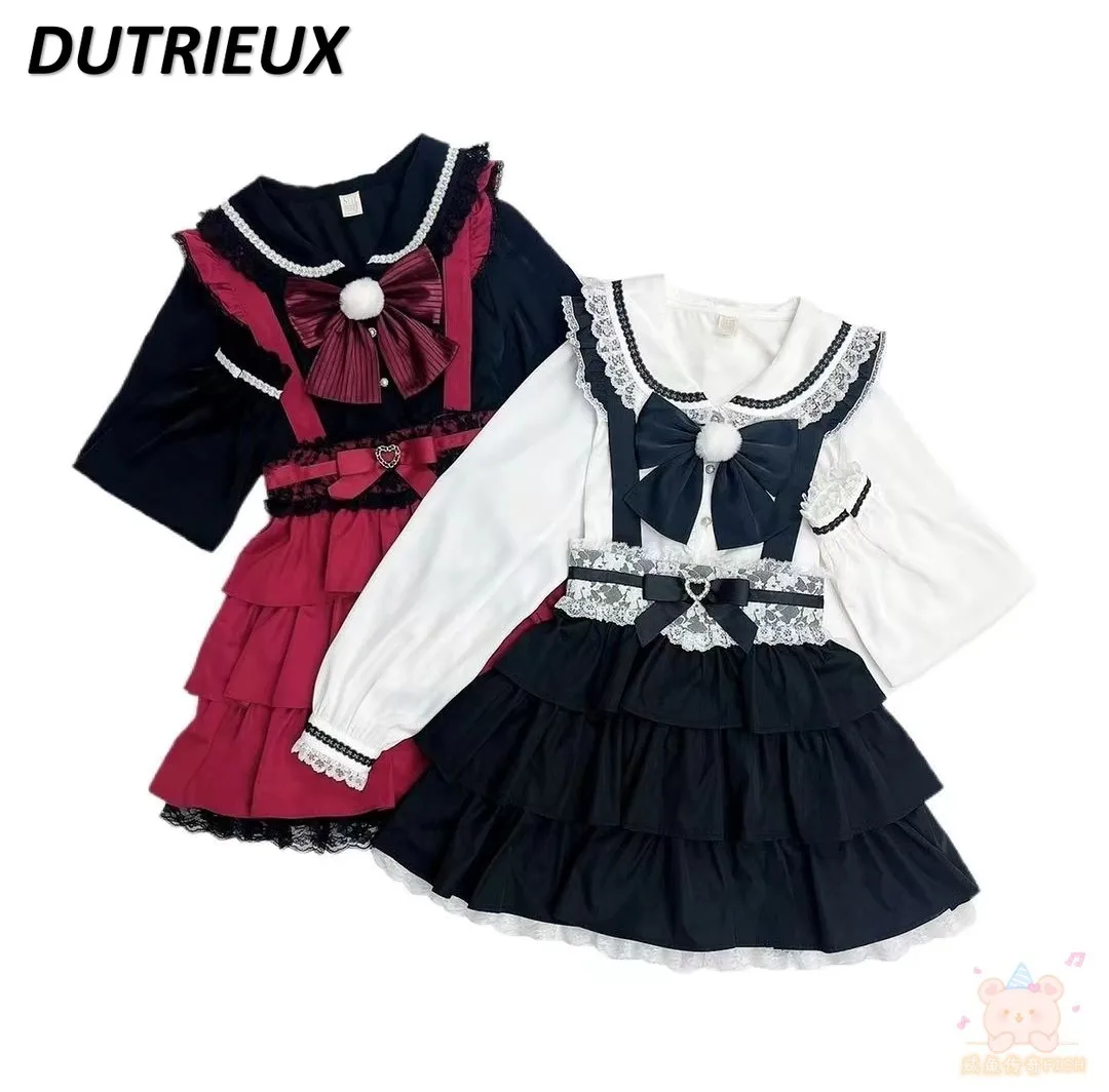 

SC Spring Summer New Heart Bow Tie Lace Lolita Japanese Style High Waist Skirts Women Sweet Cute All-Matching Suspender Skirt