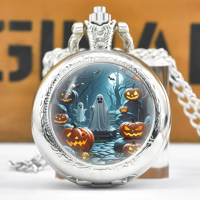 Creative Vintage Compact Medium Quartz Necklace Pocket Watch Alloy Round Dial Funny Stickers Halloween Cheap Gift For Kids