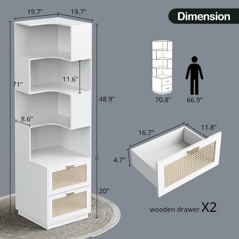 71" Tall Bookcase, Reversible Modern Bookshelf DIY Design with Baffle, L Shaped Freestanding Wood Corner Display Rack for Home O
