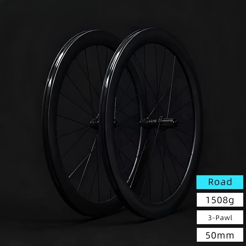 

1508g Road Bike Bicycle Carbon Fiber Wheelset Rim Toray T800 700C Frame Height 50mm 3-Pawl Hub Disc Brake