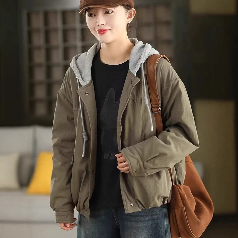 

Толстые теплые женские повседневные парки, Новое поступление, зима 2025 года, простой стиль, однотонные свободные женские базовые пальто с капюшоном M2045