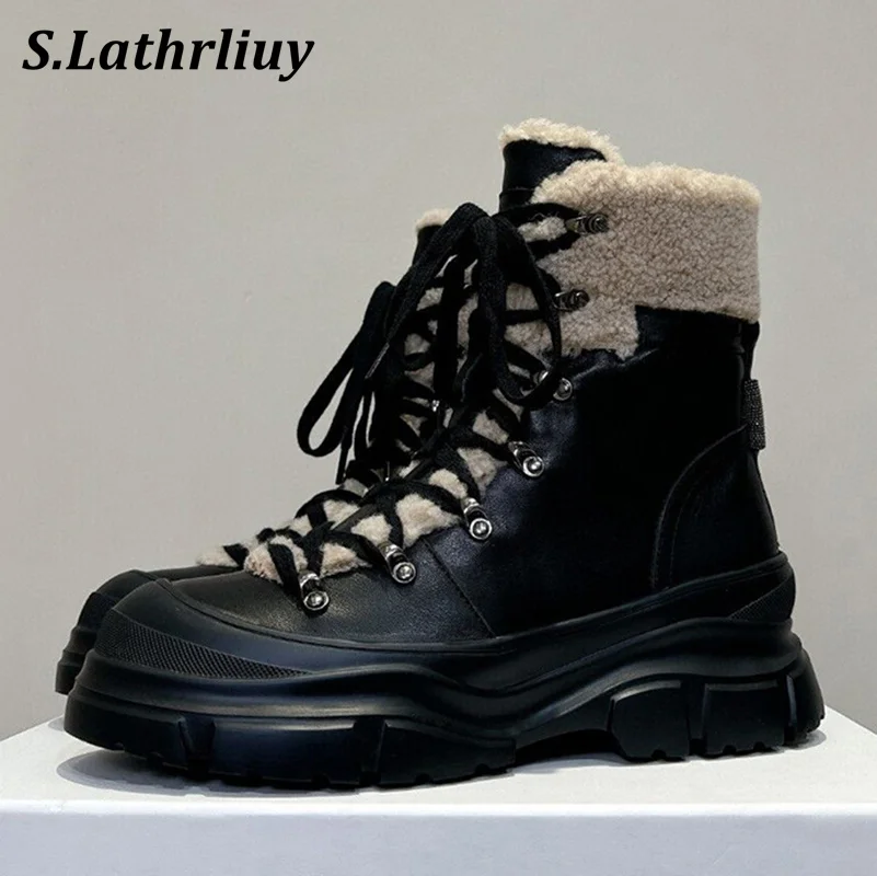 

Winter Flat Thick Bottom Fur Snow Boots Women's Round Toe Real Wool Lining Warm Short Boot Platform Lace Up Leisure Ankle Botas