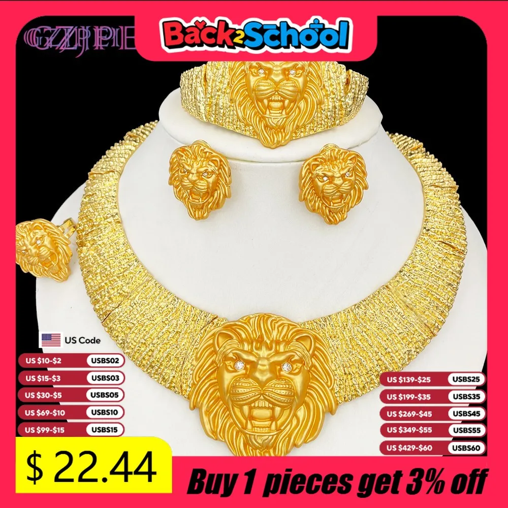 

GZJPEI 2025 New Jewelry Set For Women Hip Hop Big Lion Head Pendant Necklace Bracelet Earring Ring Africal Dubai Banquet Jewelry