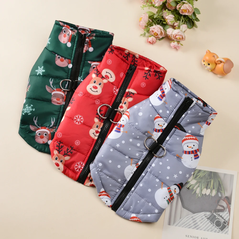 Winter Pet Dog Jacket Christmas Costume for Small Medium Dogs Cats Funny Christmas Deer Print Puppy Coat with D-ring Chihuahua