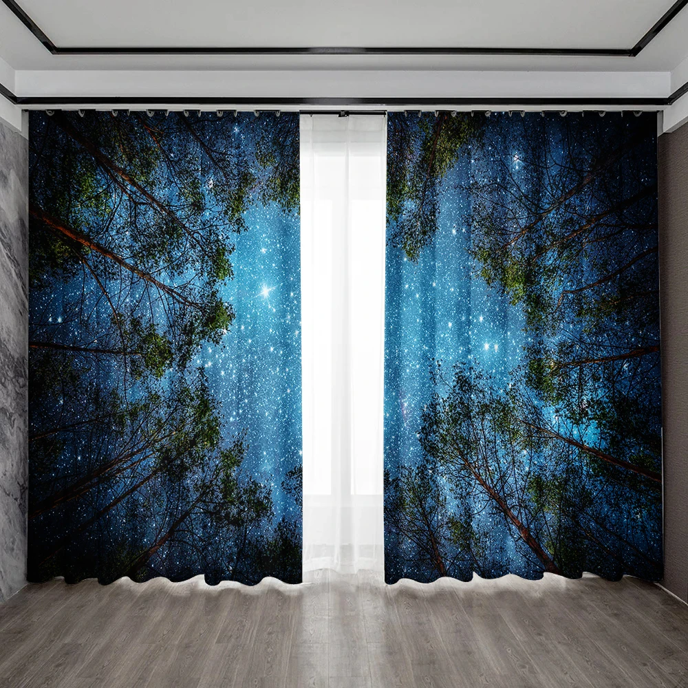 2PC Home Decoration Curtains, Dark Blue Forest Night View, City Night View Pattern Decoration Background, Modern Printed Curtain