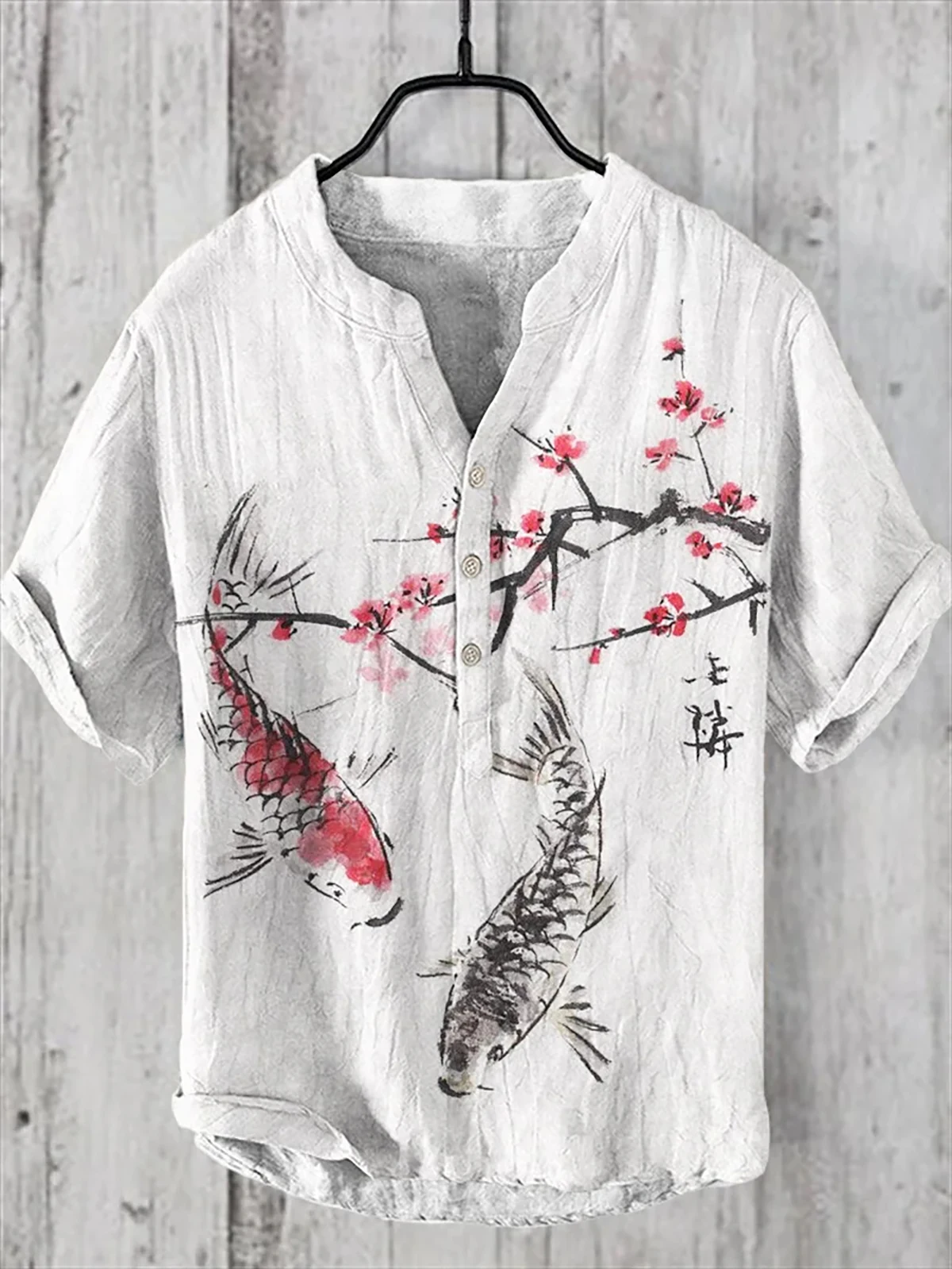 

Men's Summer V-neck Linen Short Sleeve Shirt Casual Retro Shirt Flower Illustration Fish 3D Printed Short Sleeve Shirt Design La