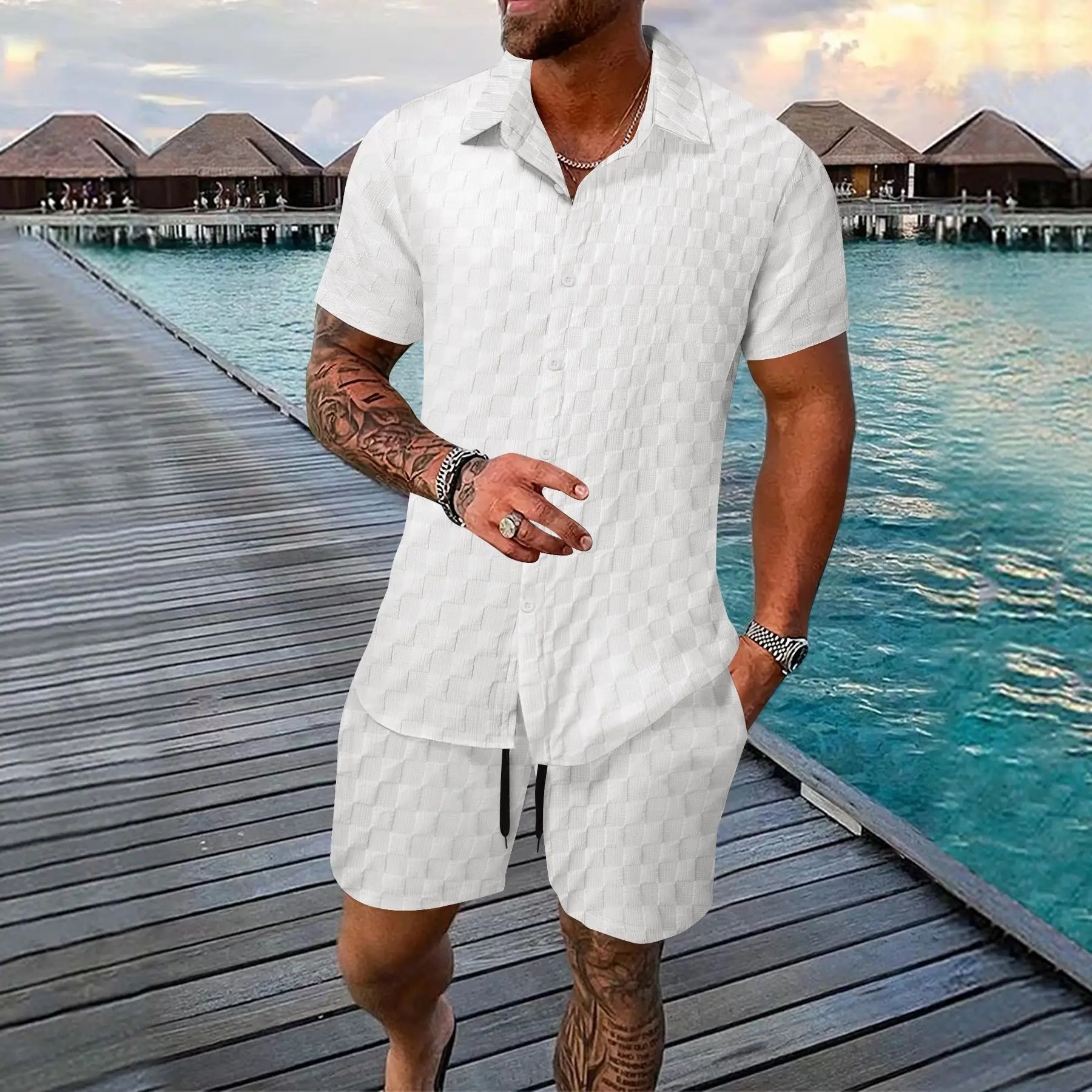 New 100% polyester Men\'s Fashion beach short sleeve suit Cardigan solid color checkered Casual beach suit