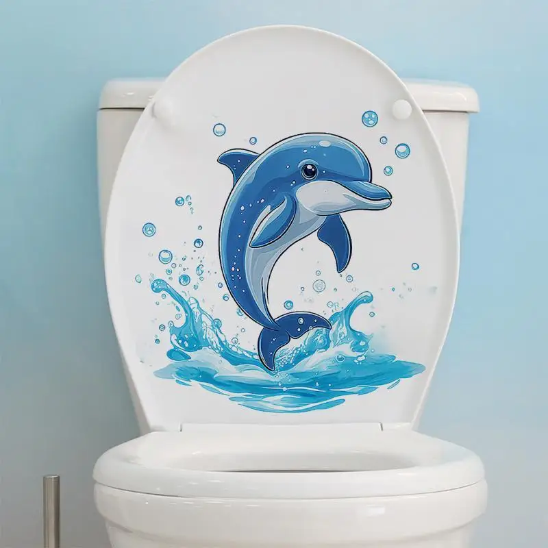 Blue Dolphin Cute Cartoon Toilet Lid Sticker Waterproof Self Adhesive DIY Home Bathroom Decor Peel and Stick