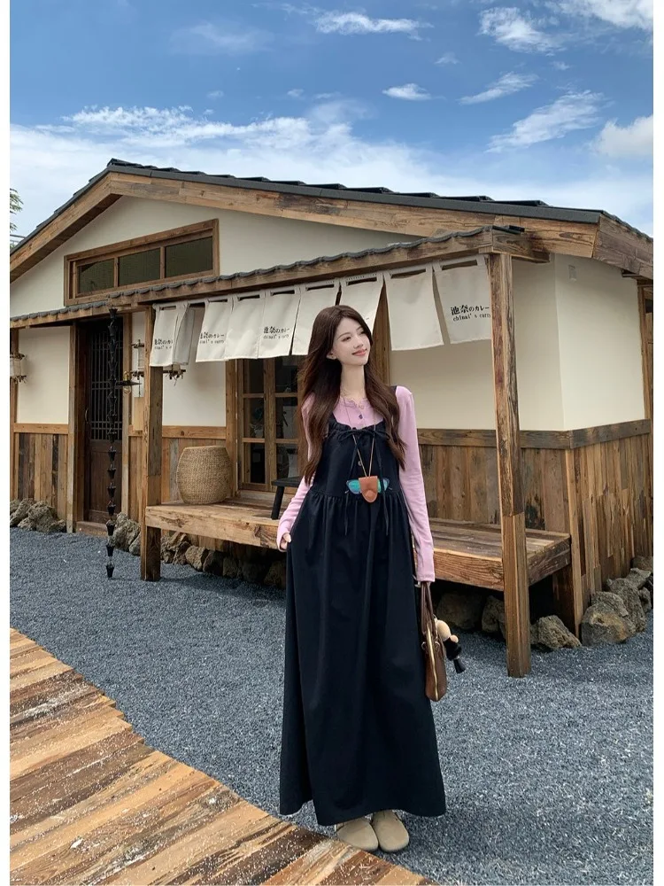 

Ретро-платье с бретелями-стрингами для женщин, свободного кроя, с эффектом омоложения, средней длины, шикарное, повседневное, с длинным рукавом, круглым вырезом