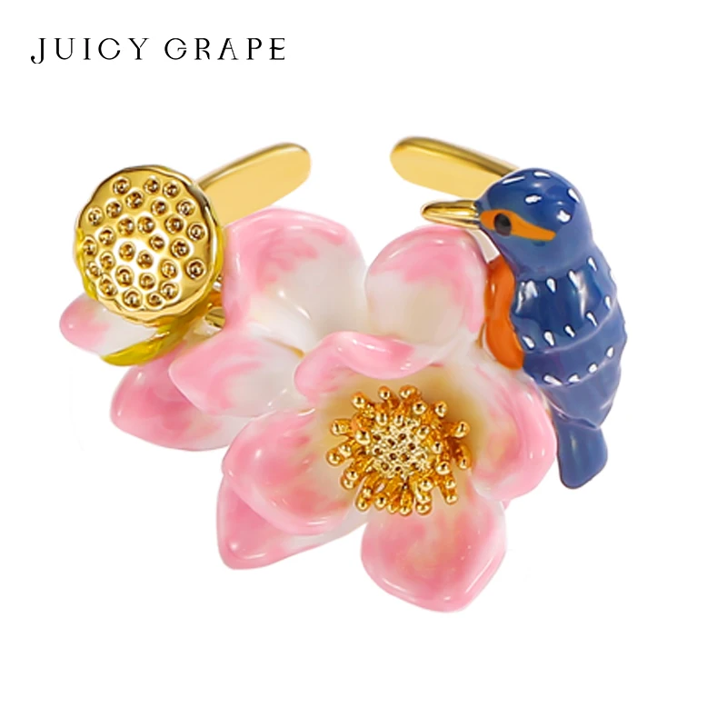 18K Gold Plated Rings For Women With Luxry Jewery 3d Lotus Kingfisher Rings Handmade original enamel design Birthday Fine Gift