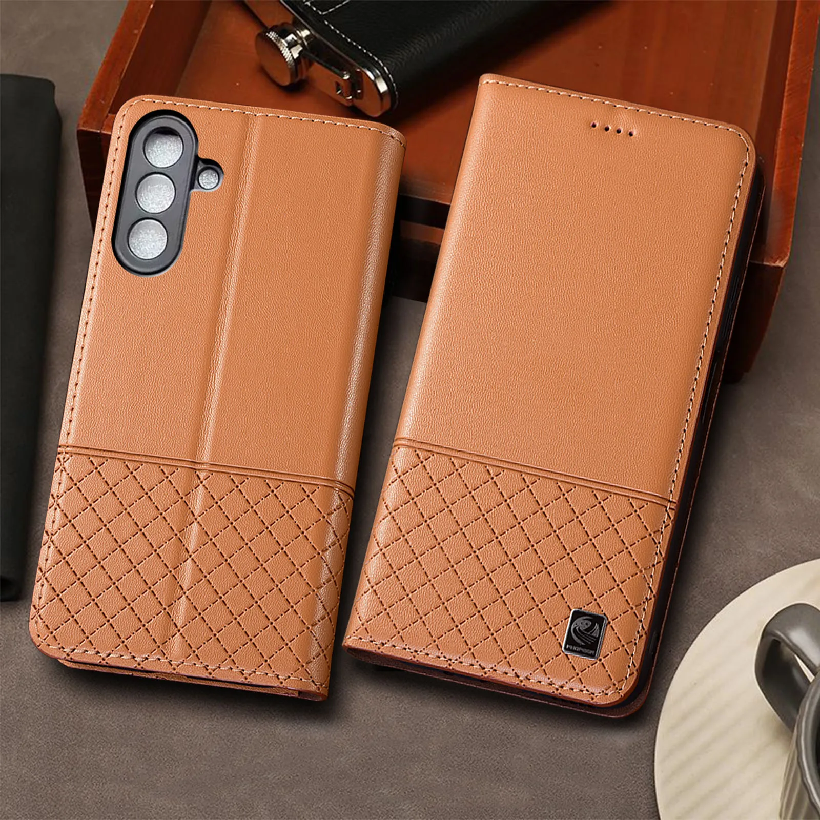 

For Samsung A14 A15 A16 A24 A26 A34 A35 A36 A53 A54 A56 A73 4G 5G Napa Below Grid Pattern Genuine Leather Flip Phone Cover Case