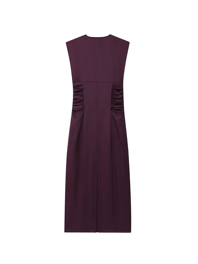 NLZGMSJ Casual Chic mujer Cami vestido sólido con cuello en V cremallera pliegues sin mangas Vestidos largos moda 2025 otoño vestido plisado