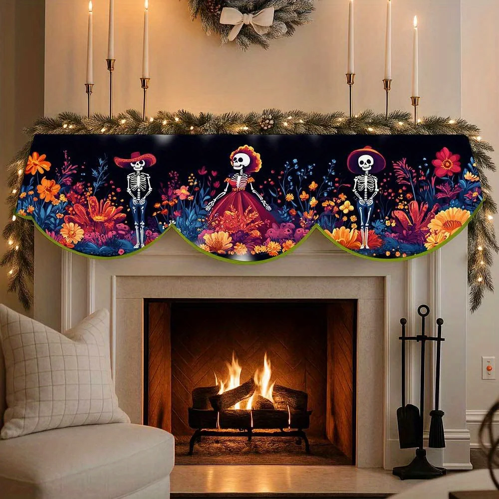 VIKAMA Halloween Fireplace Mantel Scarf Skeleton Floral Mantel Topper Spooky Fireplace Shelf Cover Day of The Dead Home Decor