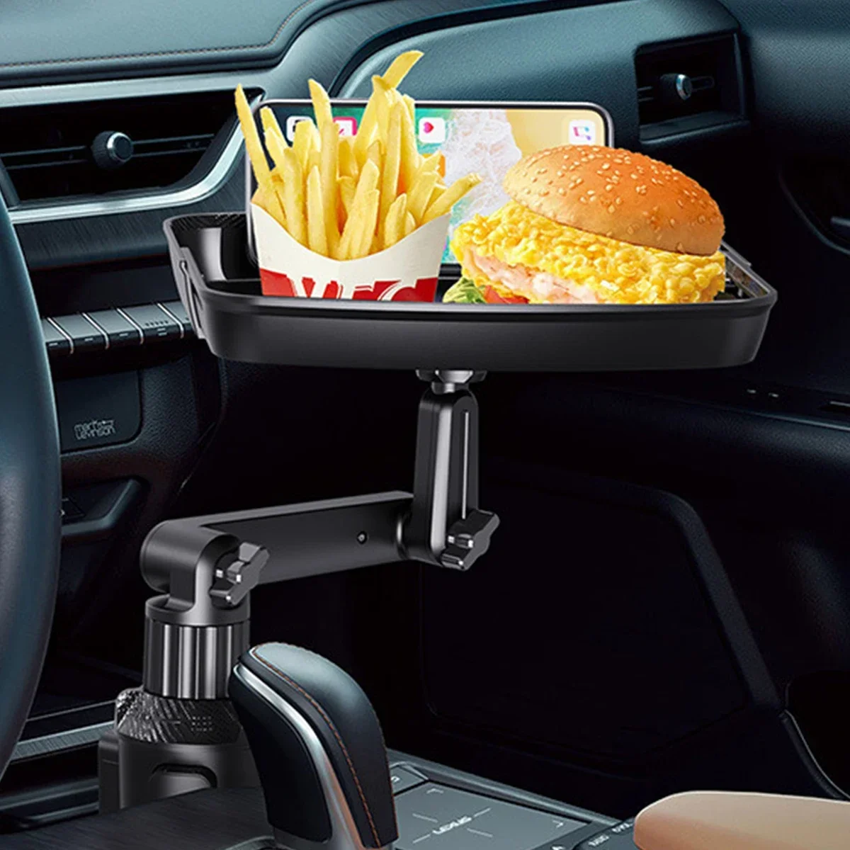 

Car Cup Holder Tray Reusable Car Food Holder Tray with 360° Swivel Arm and Phone Slot Durable Adjustable Car Tray Expander