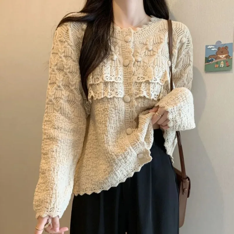 

Women's French Sweater Age-reducing Patchwork Cardigan Slimming Retro Lace Autumn and Winter Style Jacket Knitted Top