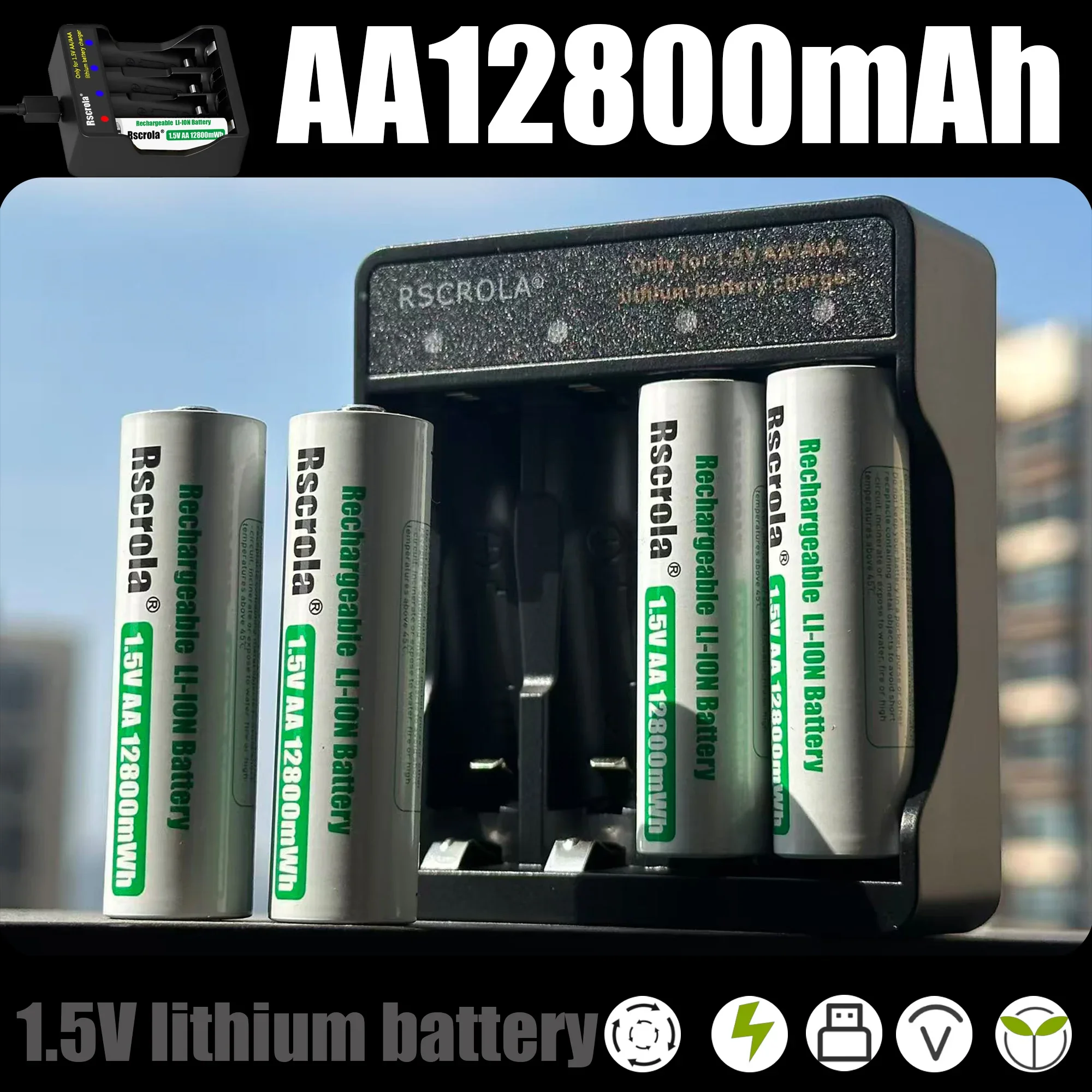 

RSCROLA 1.5V AA 12800mWh Rechargeable Lithium Battery Fast Charging Kit for Camera, Toys, Mouse, Fan and Other Devices